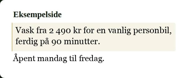 Illustrative edited Norwegian page: Car wash from NOK 2,490 for a standard car, ready in 90 minutes. Open Monday to Friday.